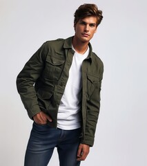 Fototapeta premium A man in a green jacket and jeans.
