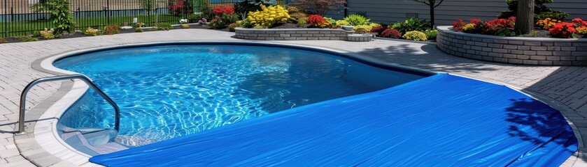 Obraz premium A large house with a pool and a blue cover. The pool is surrounded by chairs and umbrellas