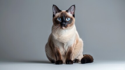 A majestic Siamese cat in a regal pose, its sleek fur and striking blue eyes prominently displayed against a minimalist background.