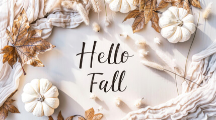 Autumn greeting card with white pumpkins and text hello fall