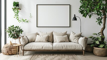 interior design of modern living room with beige fabric sofa and cushions. White wall with frame and space for text, living, furniture
