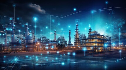 Fototapeta premium Modern factory, communication network. Telecommunication. IoT, Internet of Things, ICT, Information communication Technology,. Smart factory. Digital transformation, cloud connecting, generate by AI