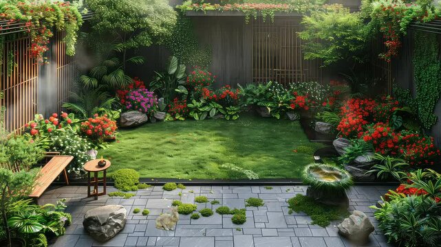 Animation Lush backyard garden with seating area generated with ai