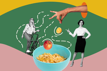 Creative collage young businesswoman lady hand body fragment meal nutrition cereals lunch snack...