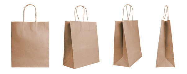 Set of different angles blank brown craft paper bags isolated on white, transparent background. Eco friendly shopping bag made from recycled paper, recycling concept. Mockup, template, copy space