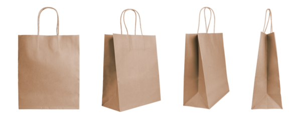 Set of different angles blank brown craft paper bags isolated on white, transparent background. Eco friendly shopping bag made from recycled paper, recycling concept. Mockup, template, copy space