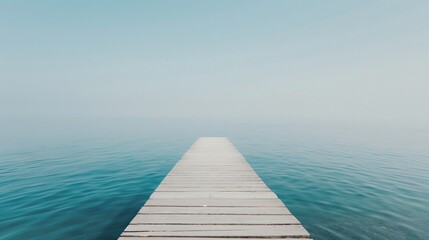 Obraz premium A wooden dock extends into blue water, disappearing into the mist in the distance