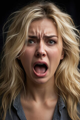 intense emotional portrait of a young woman scared, screaming and angry
