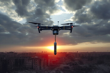 Loitering munition UAV drone with explosive flying over ruined city at sunset symbolizing aftermath of war and persistence of danger