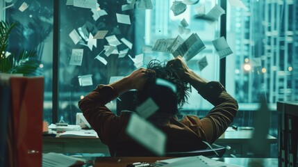 person hitting the desk, with documents scattered, in a modern office generative ai