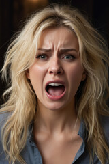 intense emotional portrait of a young woman scared, screaming and angry