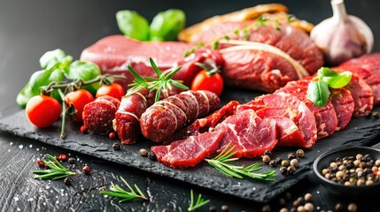 A table with a variety of meats and vegetables, including oranges and lemons. The table is set up for a meal, and the presentation is colorful and appetizing