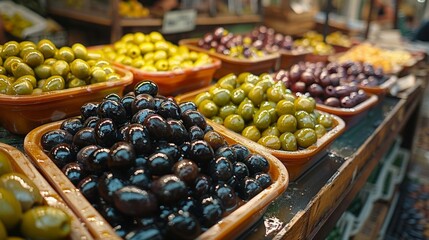 An outdoor market stall showcasing a colorful variety of fresh green, black, and purple olives in containers, emphasizing healthy and organic produce.