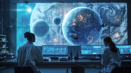 Fototapeta premium Laboratory scene with astrobiologists studying images of exoplanets on large digital displays They discuss the potential habitability of these distant worlds while surrounded by cutting-edge
