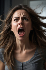 intense emotional portrait of a young woman scared, screaming and angry