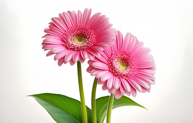 Two Pink Gerbera Daisies With Green Leaves on a White Background