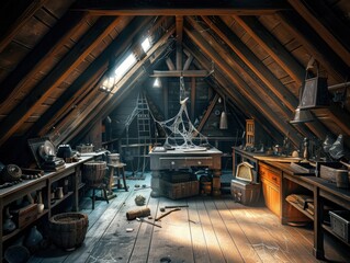 Cozy attic workshop filled with tools, antique furniture, and various knick-knacks illuminated by soft natural light from the windows.