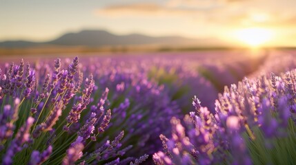 Obraz premium A lavender field stretches towards distant mountains, with rows of blooming lavender creating a colorful carpet under the setting sun, evoking serenity and peace.