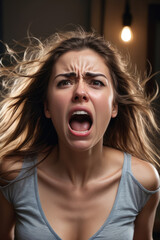 intense emotional portrait of a young woman scared, screaming and angry