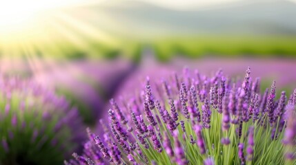 Fototapeta premium A close-up view of lavender flowers basking under bright sunlight in an outdoor setting, representing purity, natural beauty, and the serenity of nature's bounty.