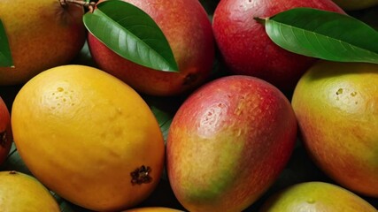 Close up of fresh mango fruit background with leaves, top view. Photorealistic high resolution macro photography for advertising or food design.