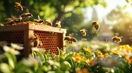 Bees buzzing around a hive in a vibrant garden, showcasing nature's beauty and the importance of honeybees in pollination.