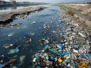 Environmental Impact: Polluted River with Trash and Industrial Waste Contamination