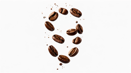Flying coffee beans and coffee grounds scattered in the air isolated on a transparent background
