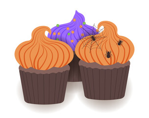 Three Halloween cupcakes. Chocolate cupcake with orange pumpkin cream and spiders with cobwebs. Cupcake with lilac cream and orange and green sprinkles. Vector. Print for T-shirt and sweatshirt.