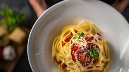 Close-up of a delicious plate of spaghetti with tomato sauce, garnished with Parmesan cheese and basil leaves in an elegant white bowl.