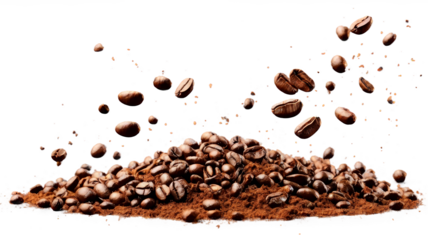 Flying coffee beans and coffee grounds scattered in the air isolated on a transparent background