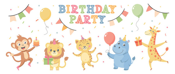 Happy birthday party. Childrens set with cute animals. Baby animals in party hats, cakes, gift boxes, balloons. Illustrations for birthday cards, stickers