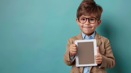 Cute little businessman with tablet showing thumbs up