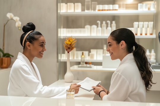 Two elegant women peacefully share documents in a spa, creating a serene setting for relaxation and nurturing a sense of connection and service, embodying a calm and professional atmosphere