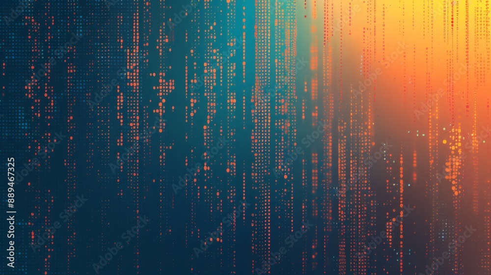 Aufkleber A blue and orange abstract background with digital rain falling from the top of the image. The rain is made up of small, glowing dots that create a sense of motion and energy.