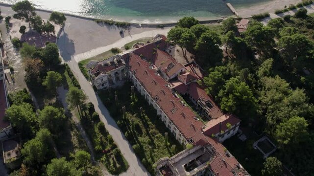 Aerial view of abandoned hotel by the Adriatic Sea in Kupari, Dubrovnik-Neretva, Croatia.