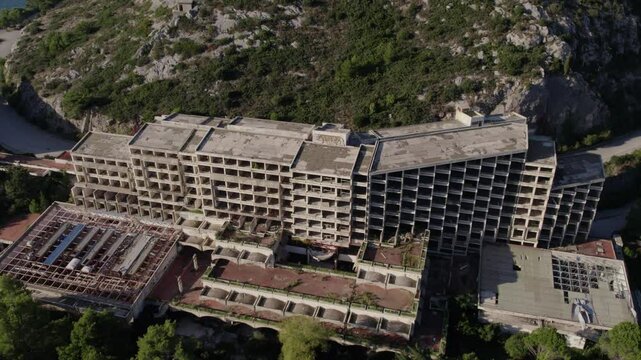 Aerial view of abandoned hotel ruins on the coast of Kupari, Dubrovnik-Neretva, Croatia.