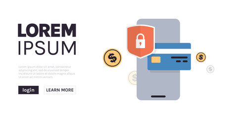 Credit card money financial security for online shopping, online payment credit card with payment protection concept flat vector illustration.	
