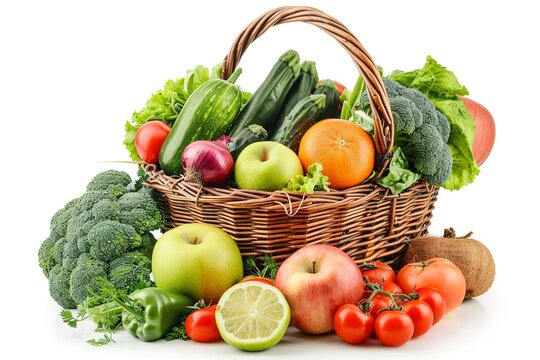 Fresh ripe vegetables and fruit in wicker basket on white background