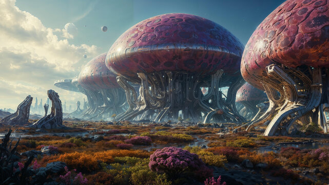 Futuristic mega structures on an alien planet