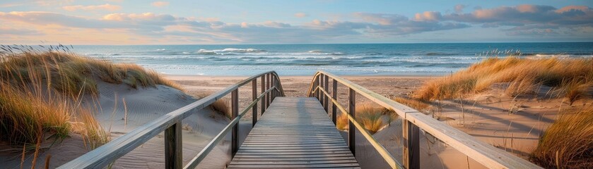 Fototapeta premium A wooden boardwalk leads to the ocean. The beach is sandy and the water is calm. The sky is blue and there are no clouds
