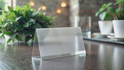 empty stylish modern and minimal frosted glass name tag or place card mockup made of white acrylic see through for reception message and table display, Generative AI