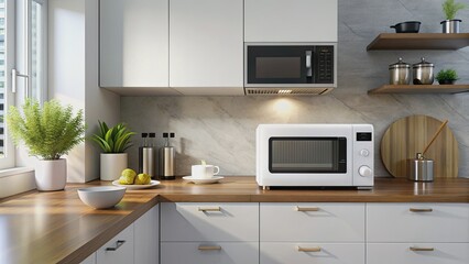 Fototapeta premium Modern white and black microwave oven sits prominently on kitchen table amidst sleek countertops and subtle decor, exuding contemporary style in a minimalist home kitchen.