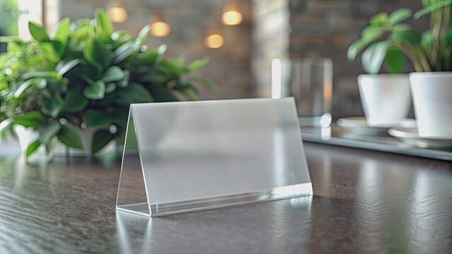 empty stylish modern and minimal frosted glass name tag or place card mockup made of white acrylic see through for reception message and table display, Generative AI