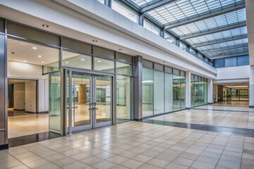 Fototapeta premium Modern empty office building entrance with glass door and sleek metal frame, surrounded by vacant mall shops, conveying a sense of closure and abandonment.