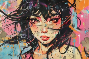 vibrant animestyle graffiti art of a young woman set against a nostalgic retro background digital illustration