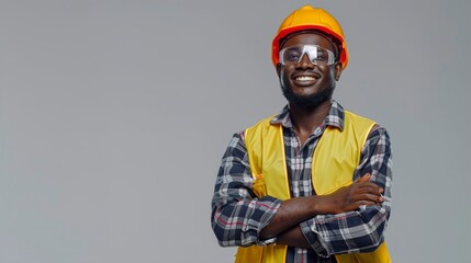 Fototapeta premium Happy African Builder Workman Standing Pleased Crossing his arms