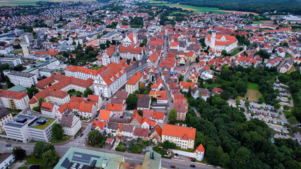 Aerial panorama view the old town of Dillingen on a cloudy day in Germany.