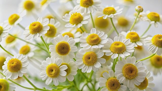 Delicate, daisy-like feverfew flowers with white petals and yellow centers are artfully arranged against a clean, contrasting white background, showcasing their intricate details.