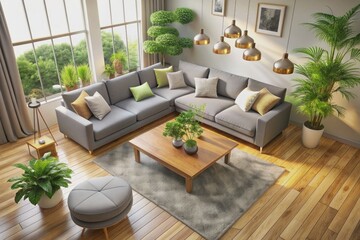 Fototapeta premium Cozy modern living room interior with sleek coffee table, plush gray sofa, and vibrant greenery, seen from above, surrounded by cream-colored walls and light wood flooring.